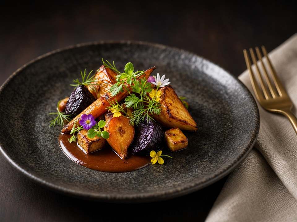 Assiette de légumes rôtis, herbes et fleurs, à ChefousDinery.com.