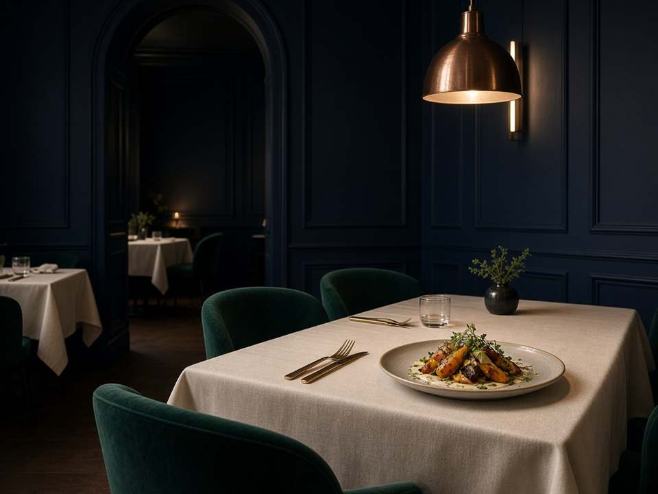 Salle à manger de ChefousDinery.com, nappes claires et chaises de velours.