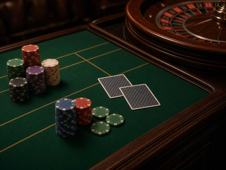 Jetons, cartes face cachée et roulette dans le salon de ChefousDinery.com.